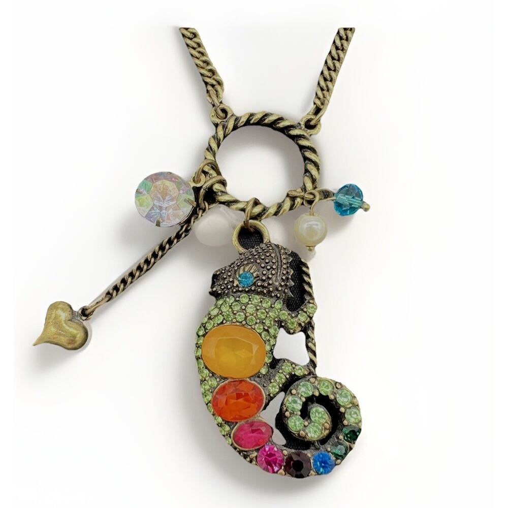 Betsey Johnson Necklace Gecko Multi Color Crystals on Ring with Dangles 21" Rare
